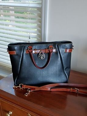 Dooney & Bourke AWL Leather Black and Brown Satchel Handbag with Removable Strap